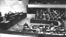 PM Levi Eshkol speaking at the first Knesset meeting in the new Plenum, August 31, 1966, source: Wikipedia
