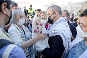 Rabbi Kariv giving Torah scroll to Women of the Wall at the Western Wall plaza